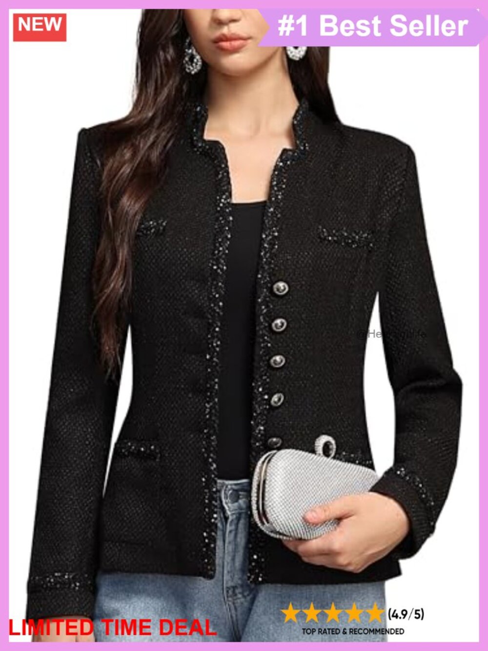 Tweed Blazer Women's Slim Fit Notch Lapel Button Pockets Business Casual